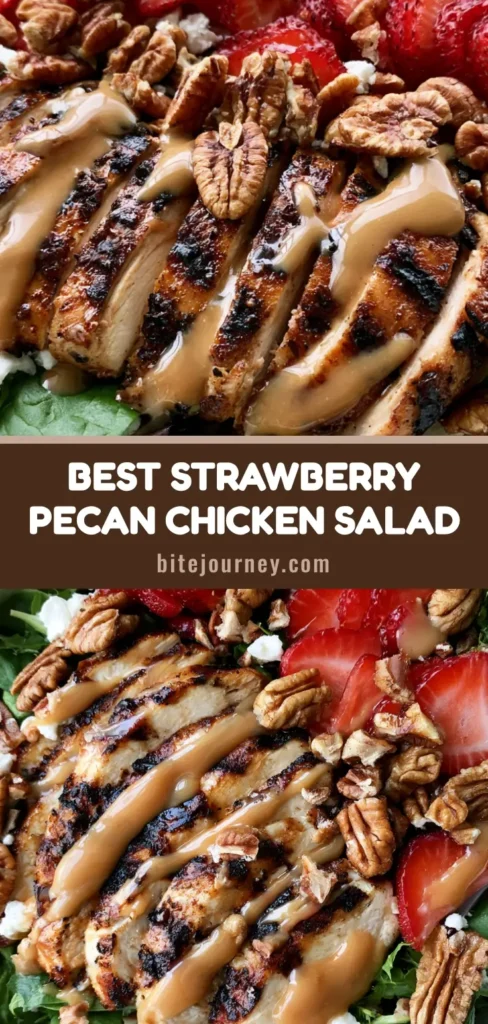 A vertical Pinterest-optimized image of Strawberry Pecan Chicken Salad featuring grilled chicken slices, strawberries, and pecans in a white bowl.