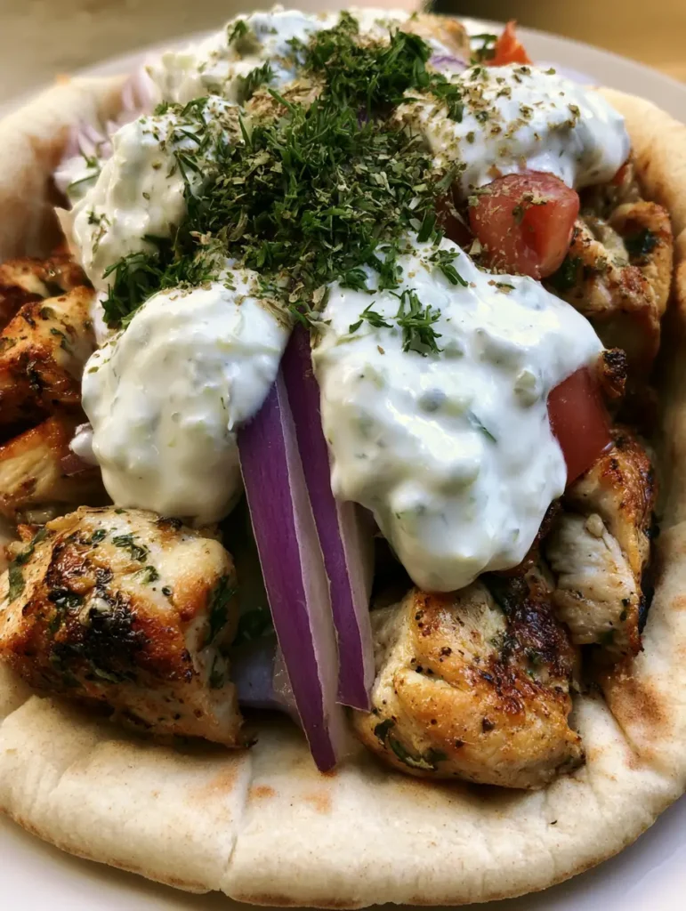 A Greek Chicken Gyro garnished with fresh green dill and dried oregano flakes against a soft natural daylight background.