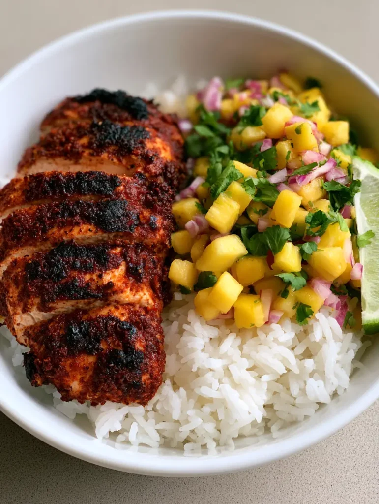 Overhead view of a Jerk Chicken Bowl with fresh pineapple salsa, red onions, and a lime wedge.