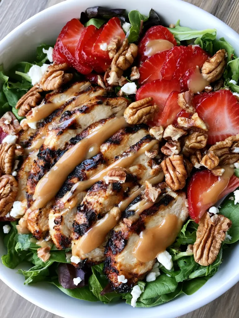 Close-up detail of sliced strawberries, toasted pecans, and grilled chicken in a Strawberry Pecan Chicken Salad.