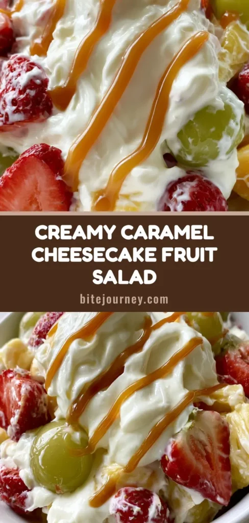 Cheesecake Fruit Salad with Glossy Caramel Drizzle 3 A white ceramic bowl filled with Cheesecake Fruit Salad featuring red strawberries, green grapes, and pineapple in a creamy base with caramel drizzle.