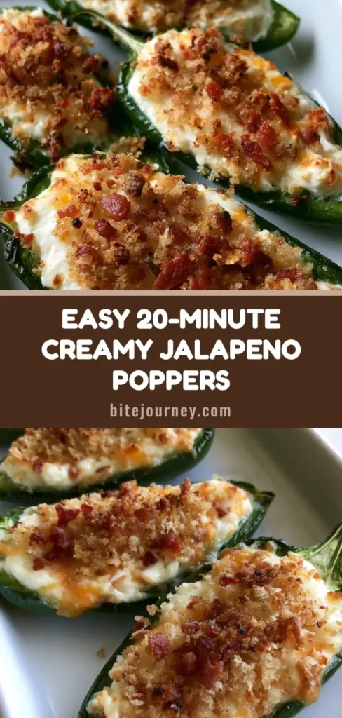 Creamy Jalapeno Poppers with Crispy Bacon and Gold-Toasted Breadcrumbs 3 A vertical Pinterest pin showing roasted green Creamy Jalapeno Poppers with melted cheddar and bacon bits on a white plate.