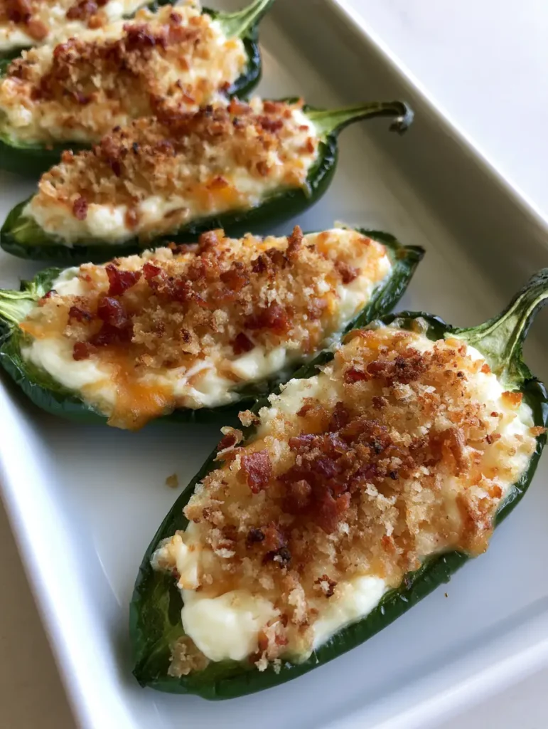 Creamy Jalapeno Poppers with Crispy Bacon and Gold-Toasted Breadcrumbs 1 Roasted Creamy Jalapeno Poppers with blistered skin and golden brown breadcrumbs on a white ceramic rectangular plate.