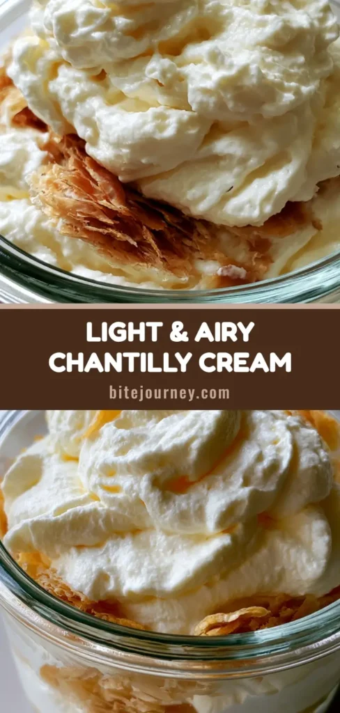 A tall glass jar showcasing a thick Chantilly Cream Recipe layered with golden-brown puff pastry flakes, pale ivory color.