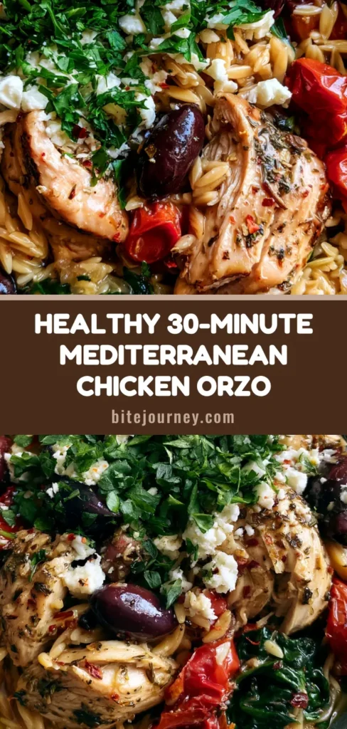 A close-up vertical shot of Mediterranean Chicken Orzo with seared chicken, feta, and olives, optimized for Pinterest.