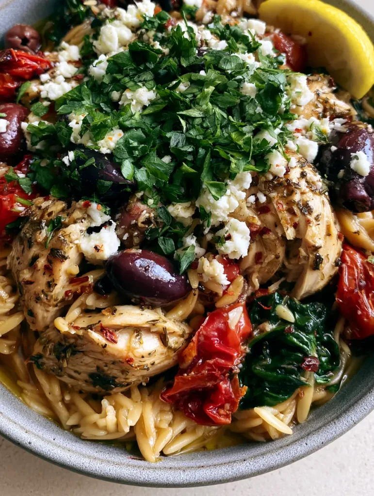 Top-down view of Mediterranean Chicken Orzo in a grey ceramic bowl featuring blistered tomatoes and seared chicken.