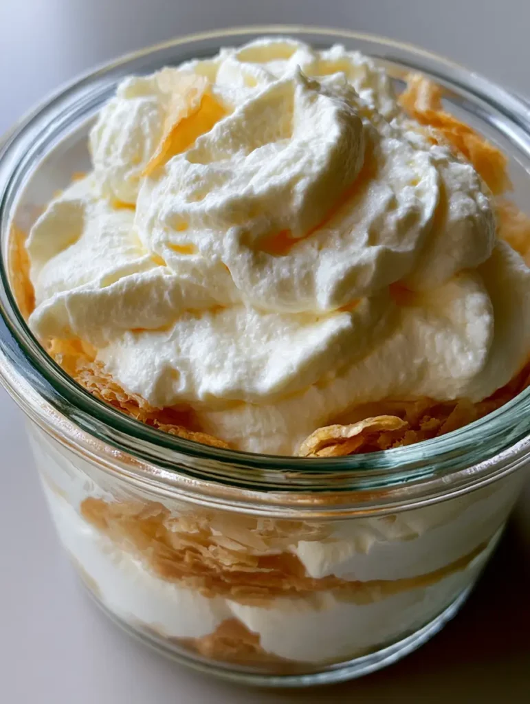 Smartphone photo of Italian Chantilly cream with soft peaks and crisp puff pastry flakes.