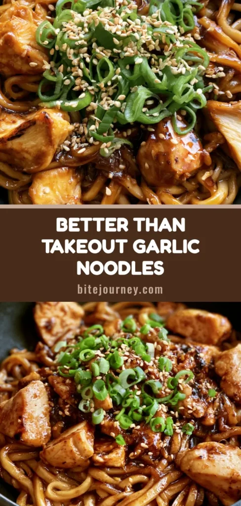 A top-down view of Sticky Garlic Chicken Noodles in a dark bowl, showing thick wheat noodles in a glossy mahogany sauce with seared chicken, green onions, and sesame seeds.