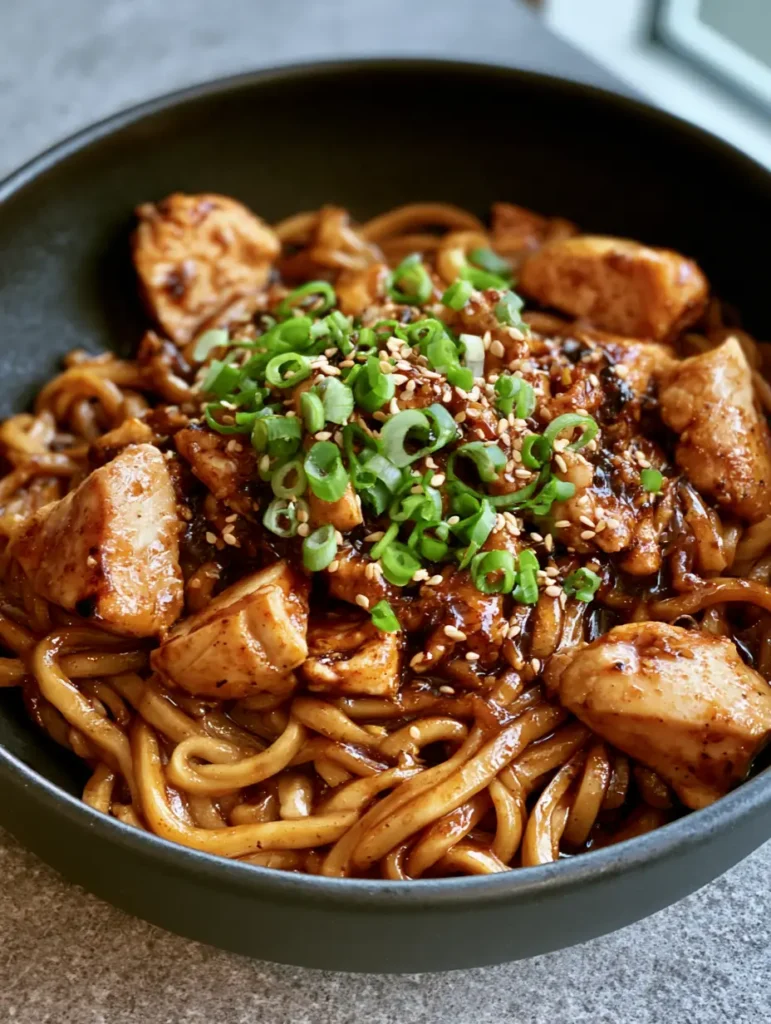 Handheld smartphone photo of Sticky Garlic Chicken Noodles in a dark matte bowl, highlighting the glossy garlic soy glaze and caramelized chicken edges.