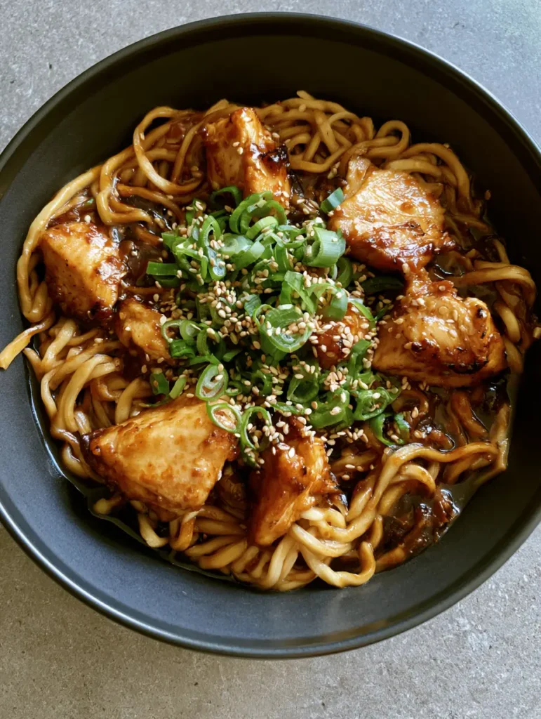 A close-up of seared chicken breast chunks and thick wheat noodles coated in a rich, dark mahogany sauce, garnished with sesame seeds.