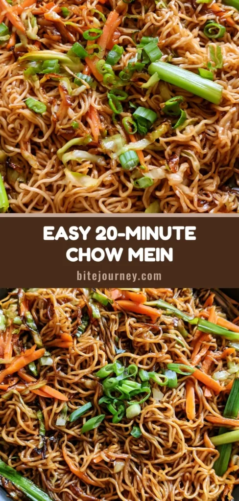 A top-down view of a black skillet featuring the Homemade Chow Mein Recipe with dark glossy noodles and bright orange carrots on a stone countertop.