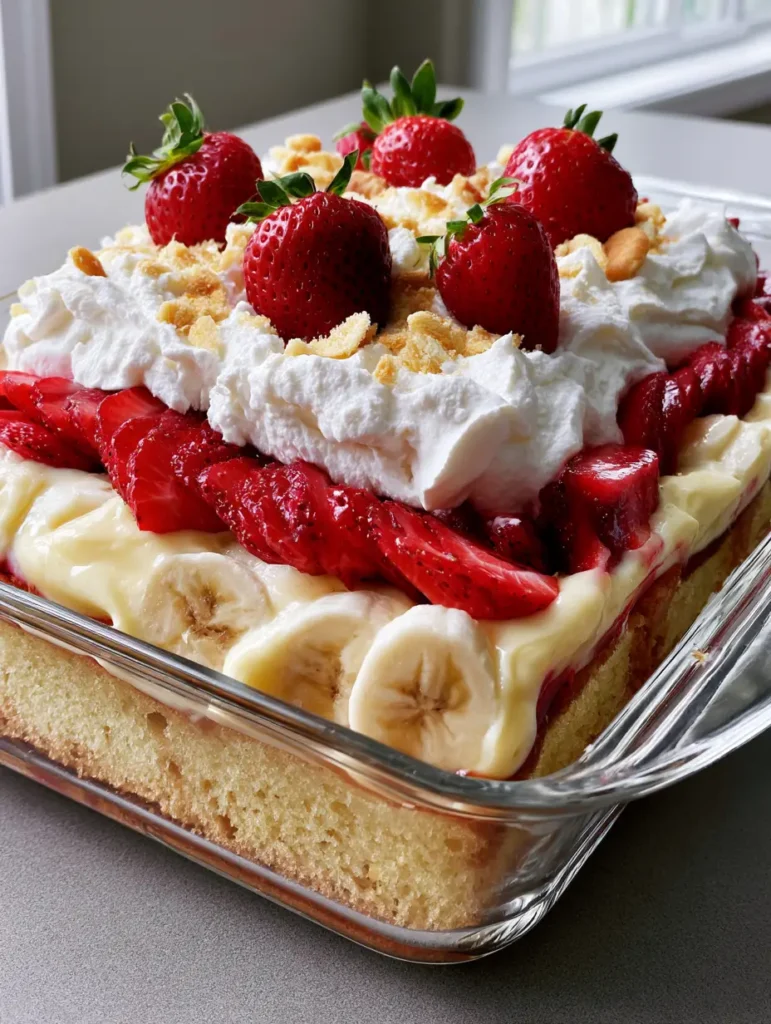 Side view of a clear rectangular baking dish showing the distinct layers of golden-brown cake, pale yellow banana pudding, red strawberries, and white whipped cream for the Strawberry Shortcake Banana Pudding Cake.