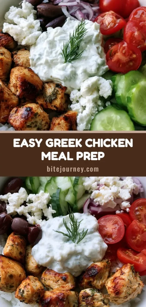 A colorful Greek Chicken Meal Prep bowl with charred chicken, white rice, cucumbers, tomatoes, and tzatziki garnished with dill.