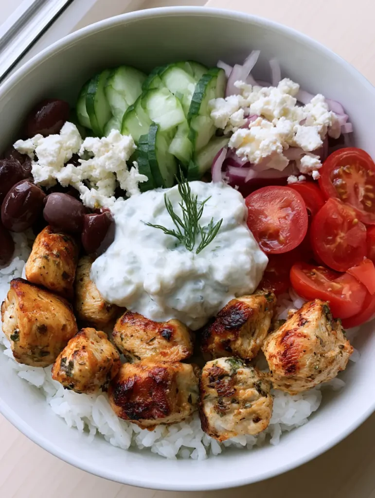 A white ceramic bowl filled with Greek Chicken Meal Prep showing fluffy rice, charred chicken cubes, and fresh vegetables. (Greek Chicken Meal Prep)