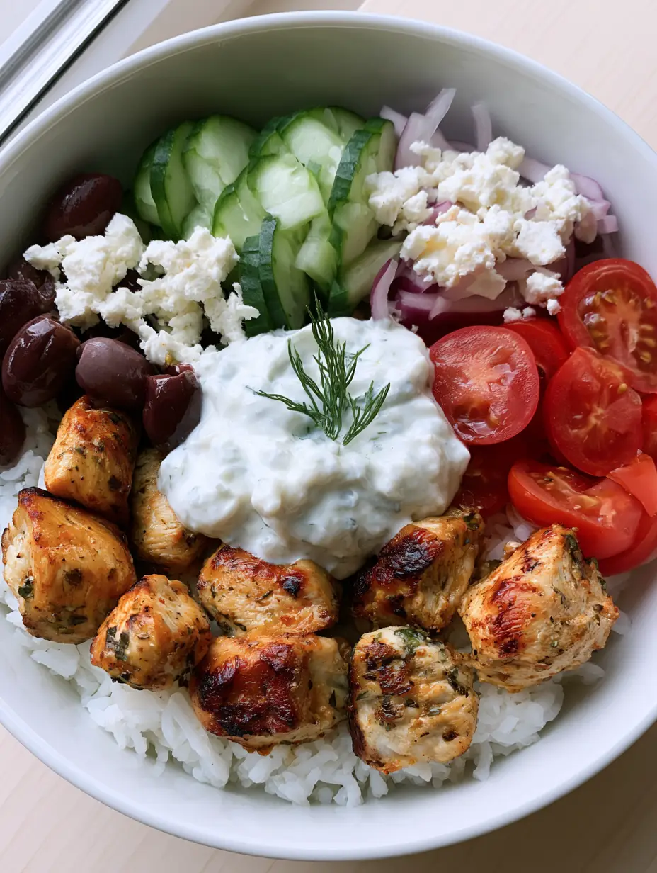 A white ceramic bowl filled with Greek Chicken Meal Prep showing fluffy rice, charred chicken cubes, and fresh vegetables. (Greek Chicken Meal Prep)