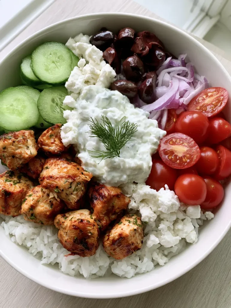 Overhead view of a handheld photo showing the details of charred chicken and creamy tzatziki in a Greek Chicken Meal Prep bowl.