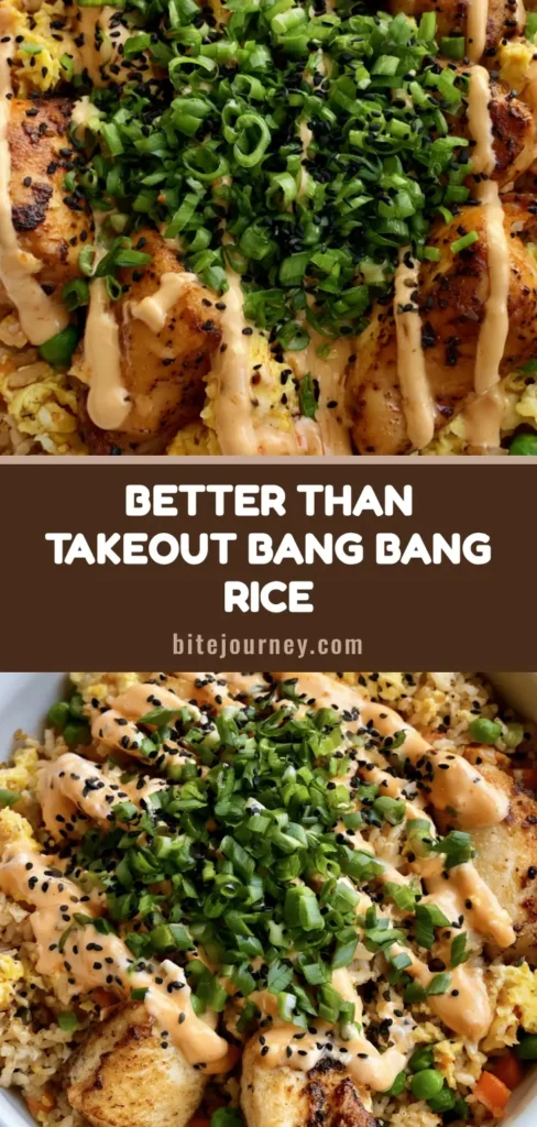 A top-down view of Bang Bang Fried Rice in a white bowl with a pale-orange sauce zigzag, green onions, and black sesame seeds.
