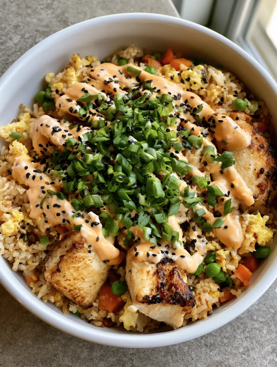 Close-up of steaming Bang Bang Fried Rice showing golden-brown chicken and fluffy egg bits.