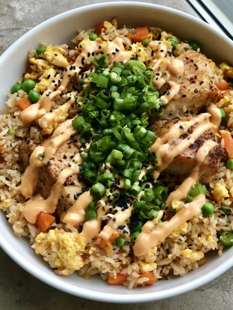 A ceramic bowl of Bang Bang Fried Rice garnished with bright green scallions and black sesame seeds on a stone countertop.