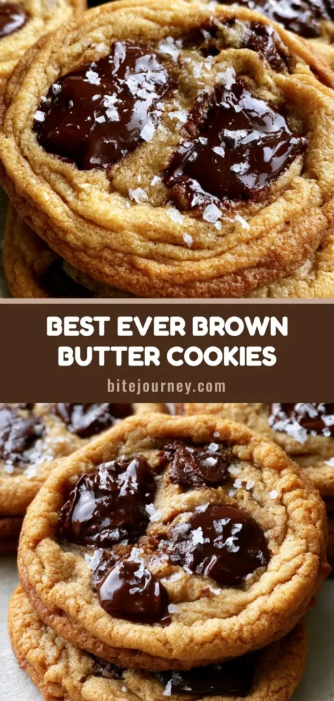 A stack of thick Brown Butter Chocolate Chip Cookies with glossy melted chocolate pools and flaky sea salt on a light gray surface.