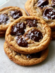 Close-up of a Brown Butter Chocolate Chip Cookie showing rippled edges and melted dark chocolate chunks.
