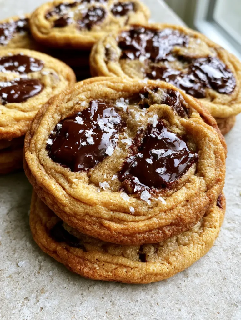 A pile of Brown Butter Chocolate Chip Cookies garnished with white flaky sea salt under natural daylight.