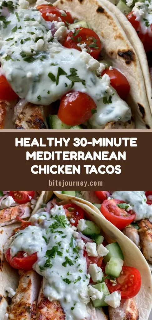 A handheld smartphone photo of three Mediterranean Chicken Tacos with charred tortillas, seared chicken, and tzatziki drizzle.