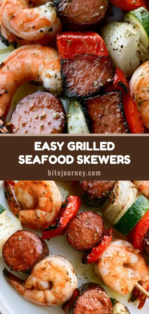 A close-up shot of several Grilled Seafood Skewers featuring grilled shrimp with tails, sliced smoked sausage, red bell pepper, white onion, and green zucchini on wooden skewers, laid on a white plate.