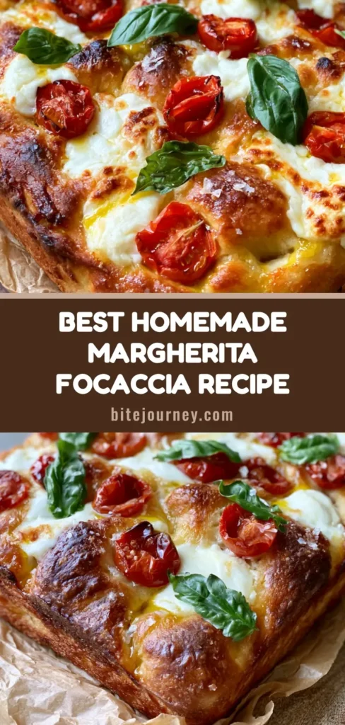 A thick rectangular Margherita Focaccia Bread with deep dimples, blistered cherry tomatoes, melted mozzarella, and fresh basil on parchment paper. (Margherita Focaccia Bread)