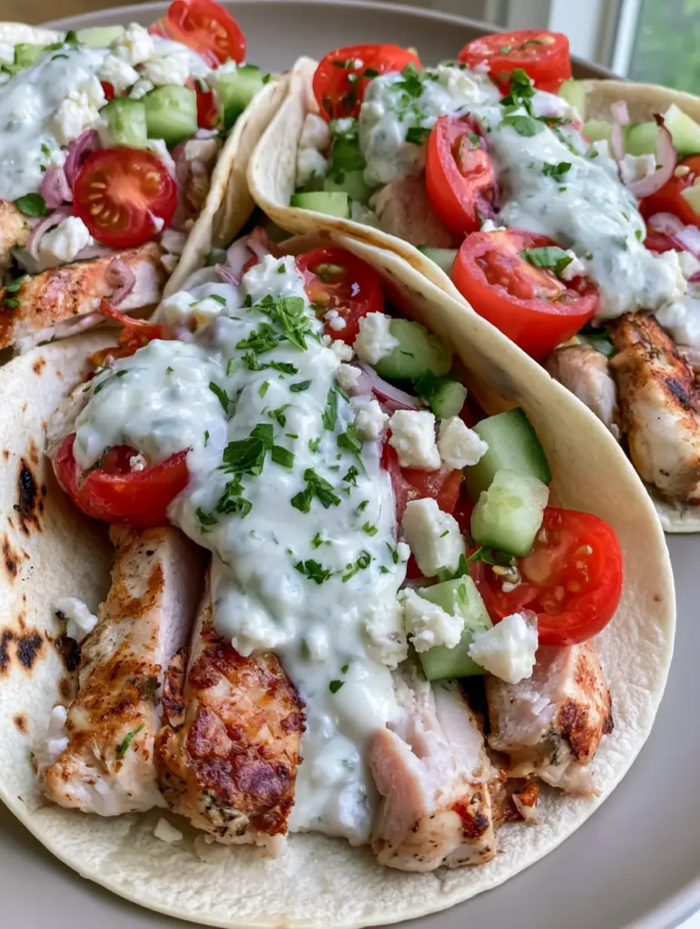 Close up view of Mediterranean Chicken Tacos showing golden-brown seared chicken and vibrant green parsley.