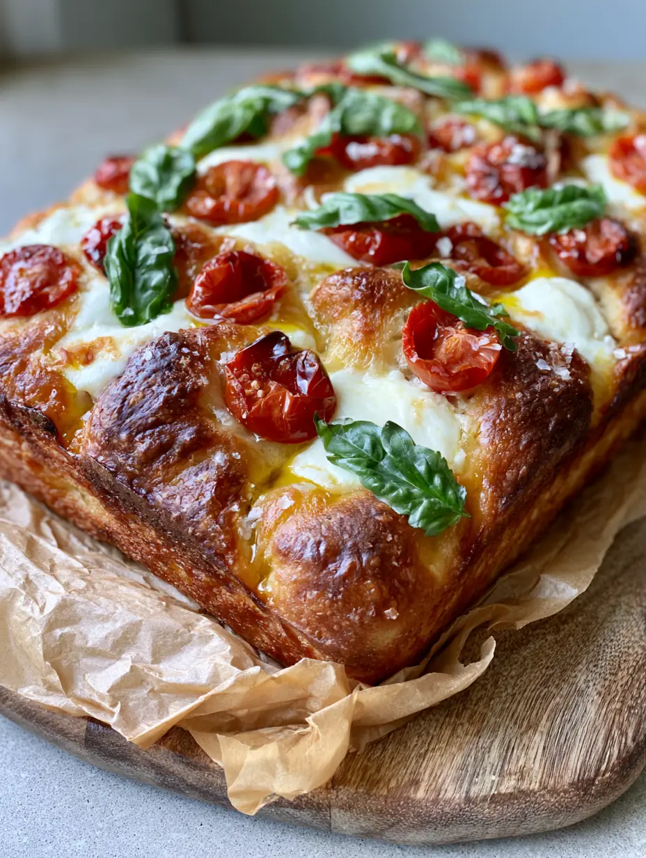 Top-down view of Margherita Focaccia Bread showing melted white mozzarella pools and shriveled red cherry tomatoes. (Margherita Focaccia Bread)