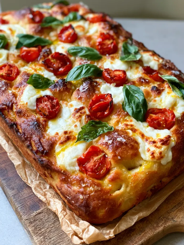 Close up of blistered cherry tomatoes and flaky sea salt on a toasted golden-brown focaccia crust. (Margherita Focaccia Bread)