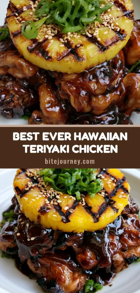 A handheld smartphone photo of Hawaiian Teriyaki Chicken on a white plate featuring a succulent grilled chicken thigh coated in thick mahogany glaze topped with a charred pineapple ring, sesame seeds, and green scallions.