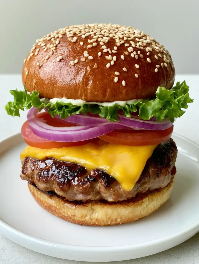 Juicy Ground Turkey Burgers: The Ultimate Gourmet Guide 1 Layered Juicy Ground Turkey Burgers with red onion, tomato, and butter lettuce on a sesame brioche bun.