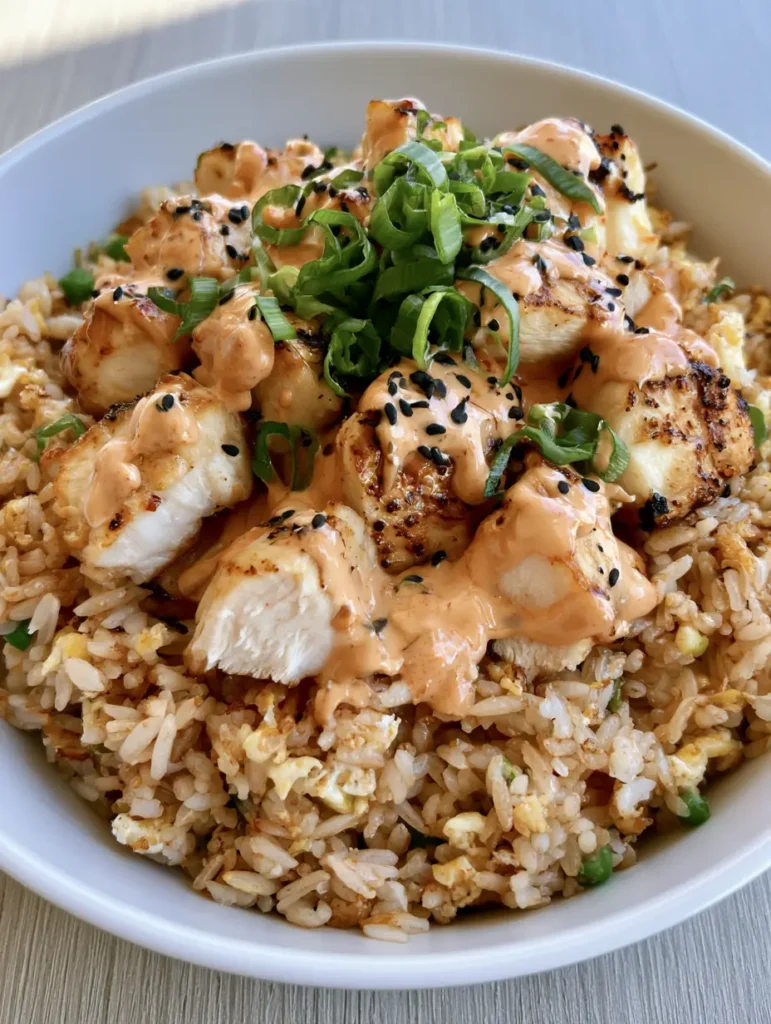 Bang Bang Chicken Fried Rice: The Ultimate Spicy & Creamy 30-Minute Dinner 1 A white bowl filled with Bang Bang Chicken Fried Rice on a light wood surface.