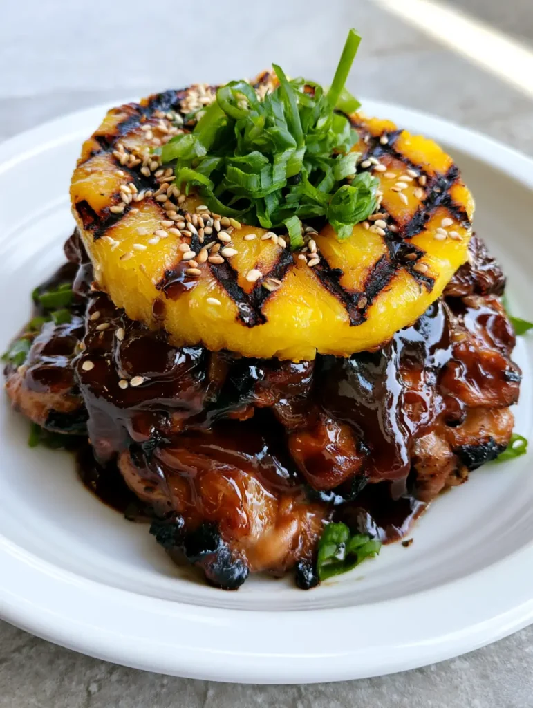 Hawaiian Teriyaki Chicken served on a white ceramic plate over a light grey stone countertop, garnished with sesame seeds and sliced scallions.