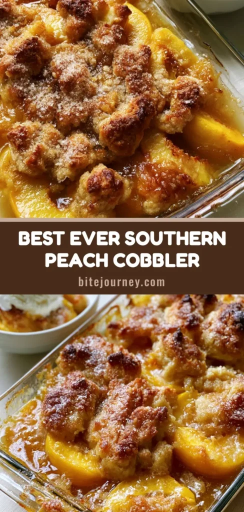 A close-up shot of Southern Peach Cobbler served in a white bowl with a melting scoop of vanilla ice cream against a light wood background.
