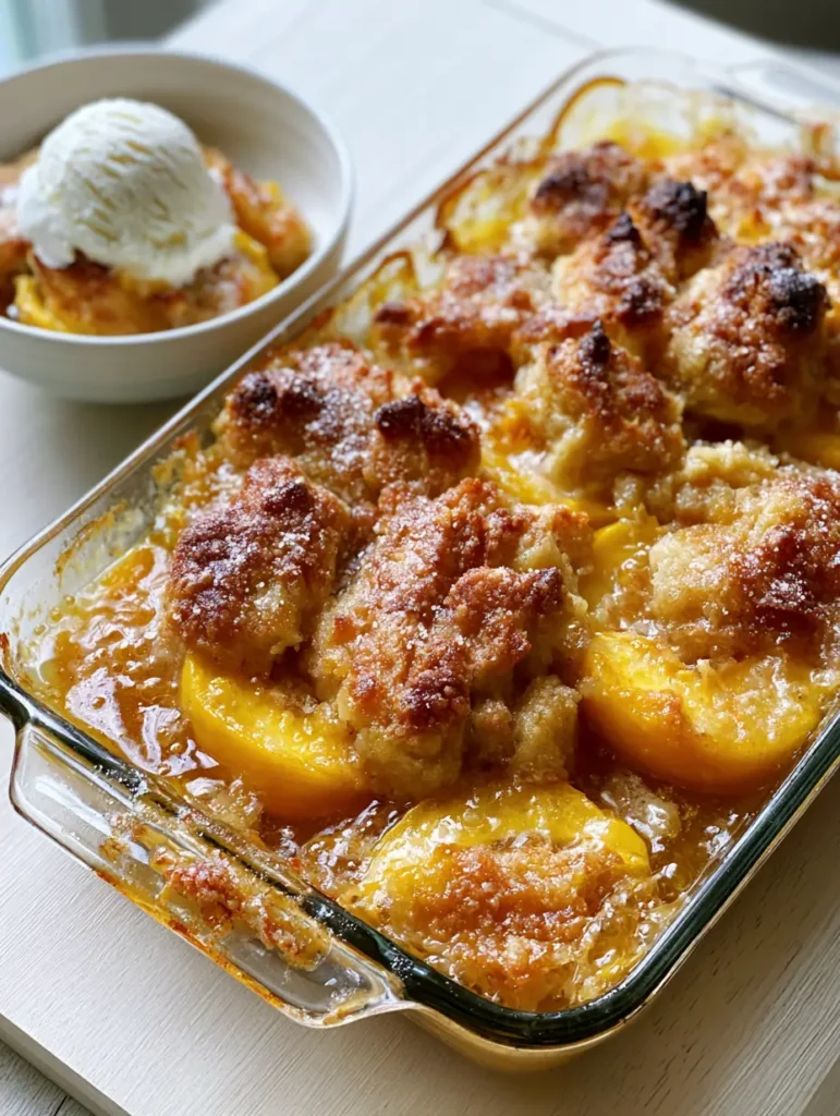 High angle view of a Southern Peach Cobbler highlighting the rustic dolloped crust and caramelized fruit juices at the edges.
