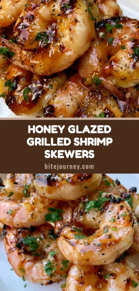 A tall stack of Grilled Shrimp Skewers on a white plate, showing thick glossy honey glaze, char marks, and fresh parsley garnish.