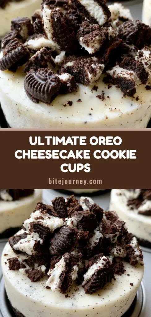 A handheld smartphone photo of Oreo Cheesecake Cookie Cups in a metal muffin tin with dark cookie crust and crushed Oreo toppings.