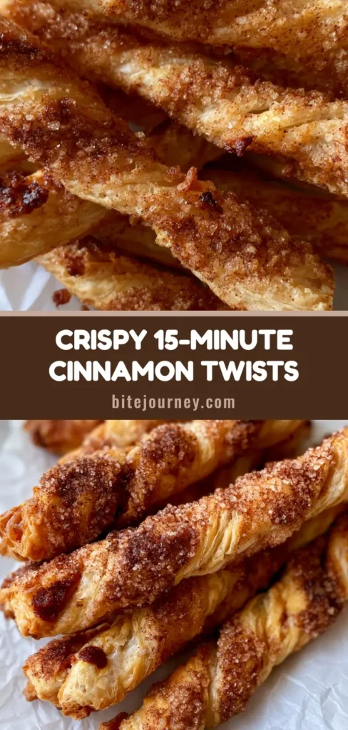 A tall stack of spiraled Cinnamon Twists showing flaky puff pastry layers and a thick cinnamon sugar crust on white parchment paper. (Cinnamon Twists Recipe)