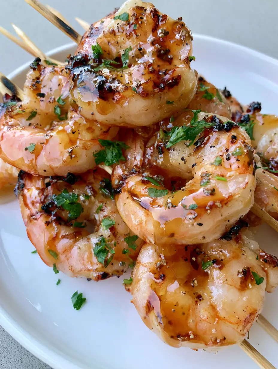 Close-up of jumbo Grilled Shrimp Skewers with visible dark brown char marks and amber honey glaze.