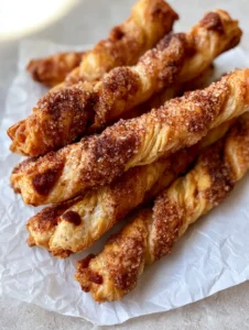 Close-up of golden brown cinnamon twists with jagged edges and visible sugar crystals on a stone surface. (Cinnamon Twists Recipe)