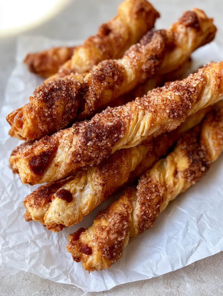 Close-up of golden brown cinnamon twists with jagged edges and visible sugar crystals on a stone surface. (Cinnamon Twists Recipe)