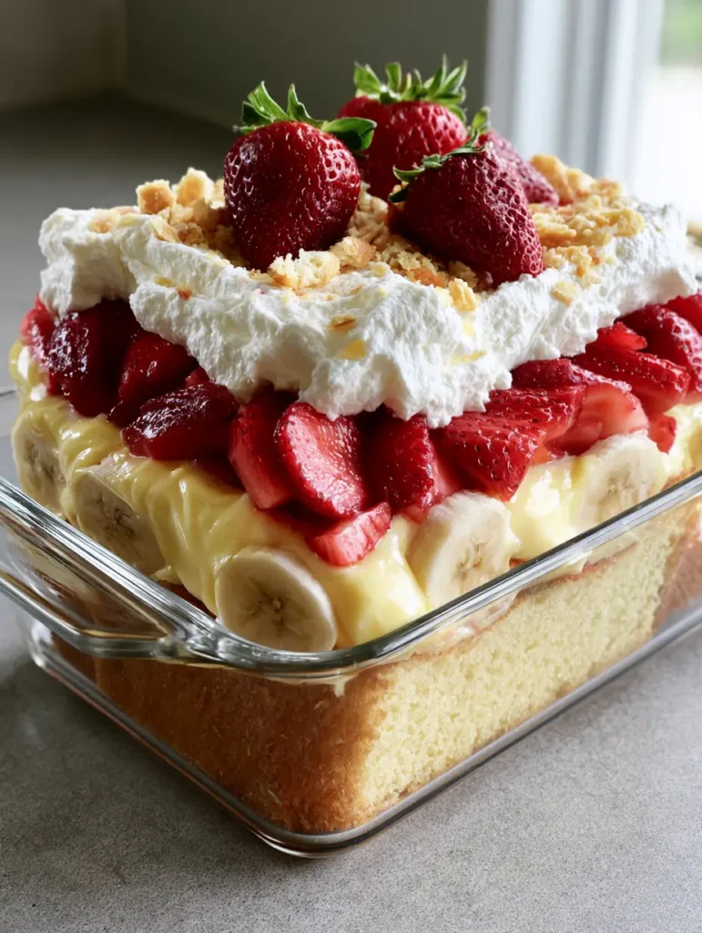 Close-up of the top of the Strawberry Shortcake Banana Pudding Cake showing whole strawberries with green stems and a dusting of crushed vanilla wafer crumbs.