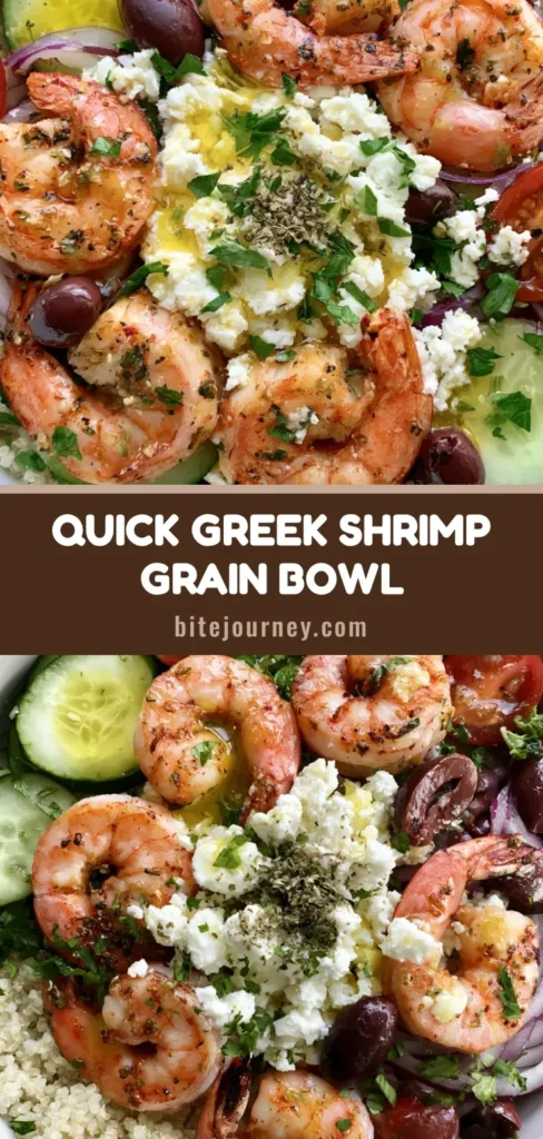 A top-down view of a Greek Shrimp Grain Bowl featuring six charred pink shrimp, fluffy quinoa, and vibrant Mediterranean vegetables in a white dish.