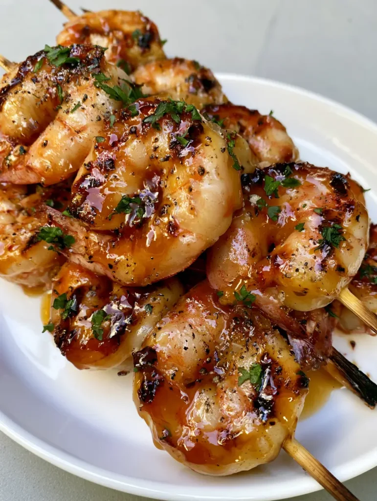 Grilled Shrimp Skewers being presented on a clean white plate with cracked black pepper and parsley.