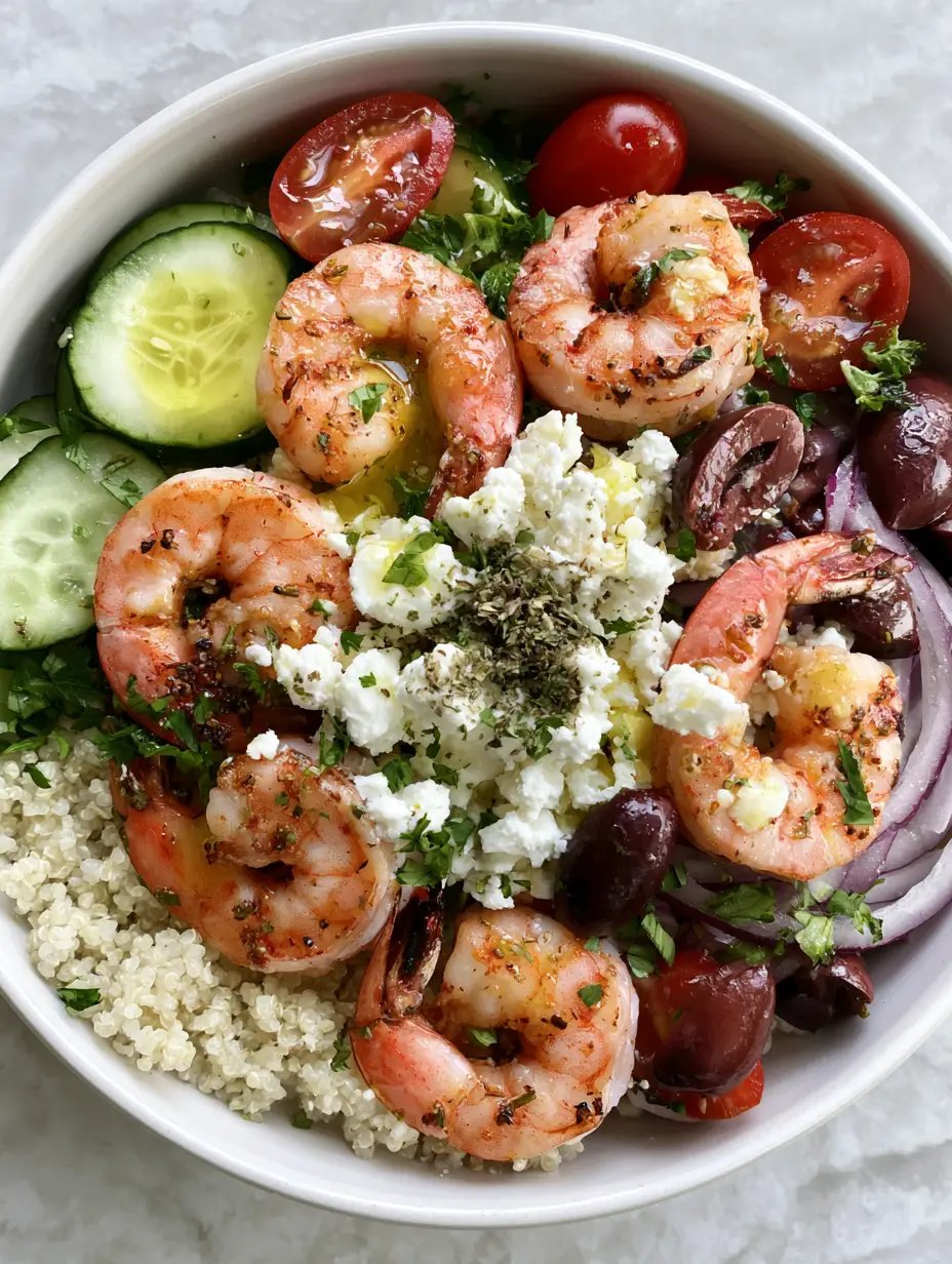 Close-up of a Greek Shrimp Grain Bowl showing the texture of seared shrimp and crumbled feta cheese.