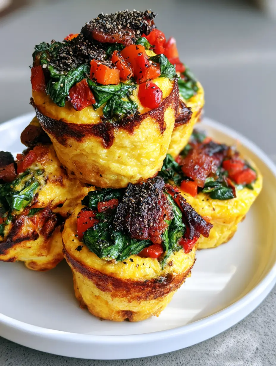 Close up handheld smartphone photo of a stack of fluffy Meal Prep Egg Muffins showing caramelized edges.