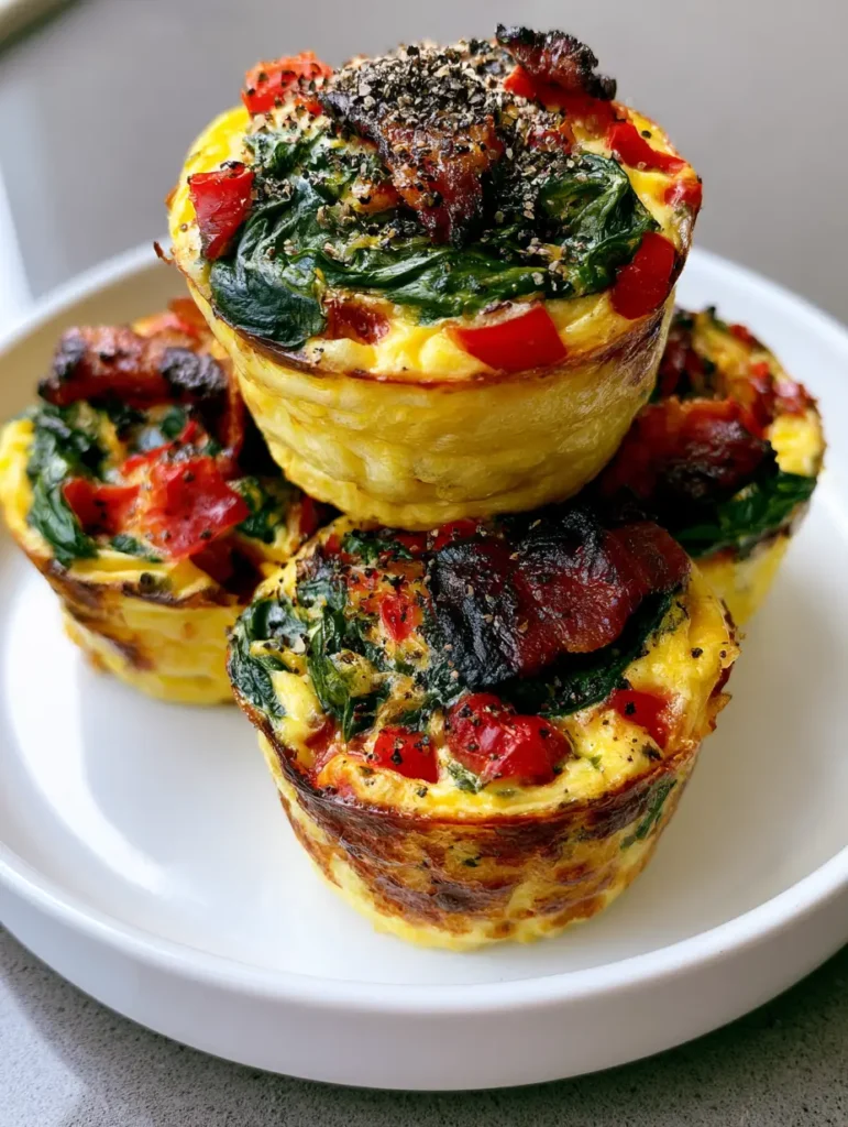 Overhead shot of Meal Prep Egg Muffins topped with red peppers, spinach, and coarse ground black pepper.